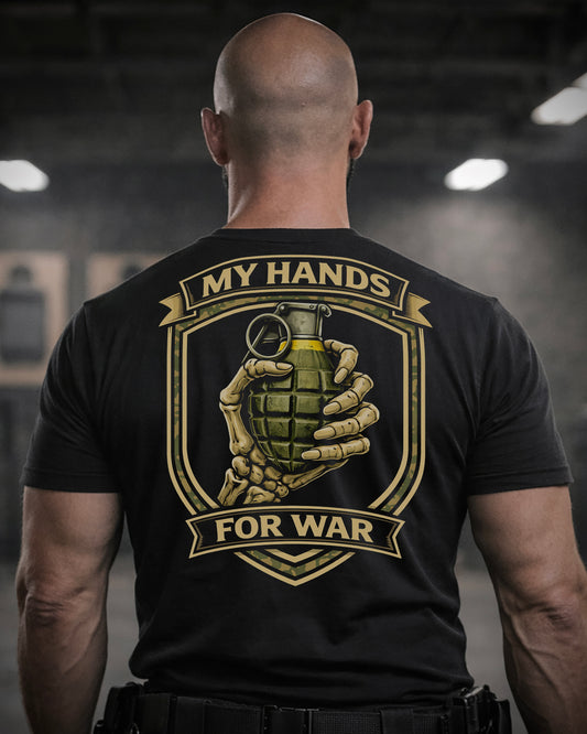 Back view of man wearing black Achilles T-shirt printed with My Hands For War logo on back