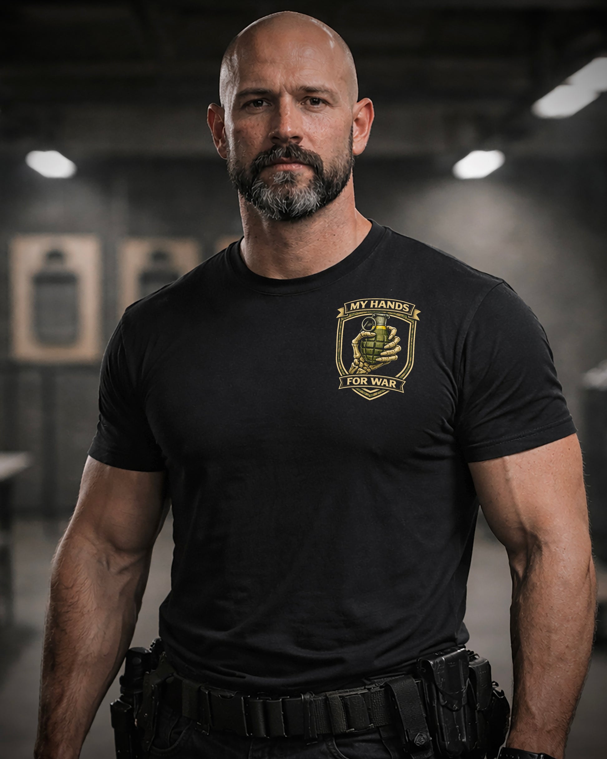 Front view of man wearing black Achilles T-shirt printed with My Hands For War logo on front chest