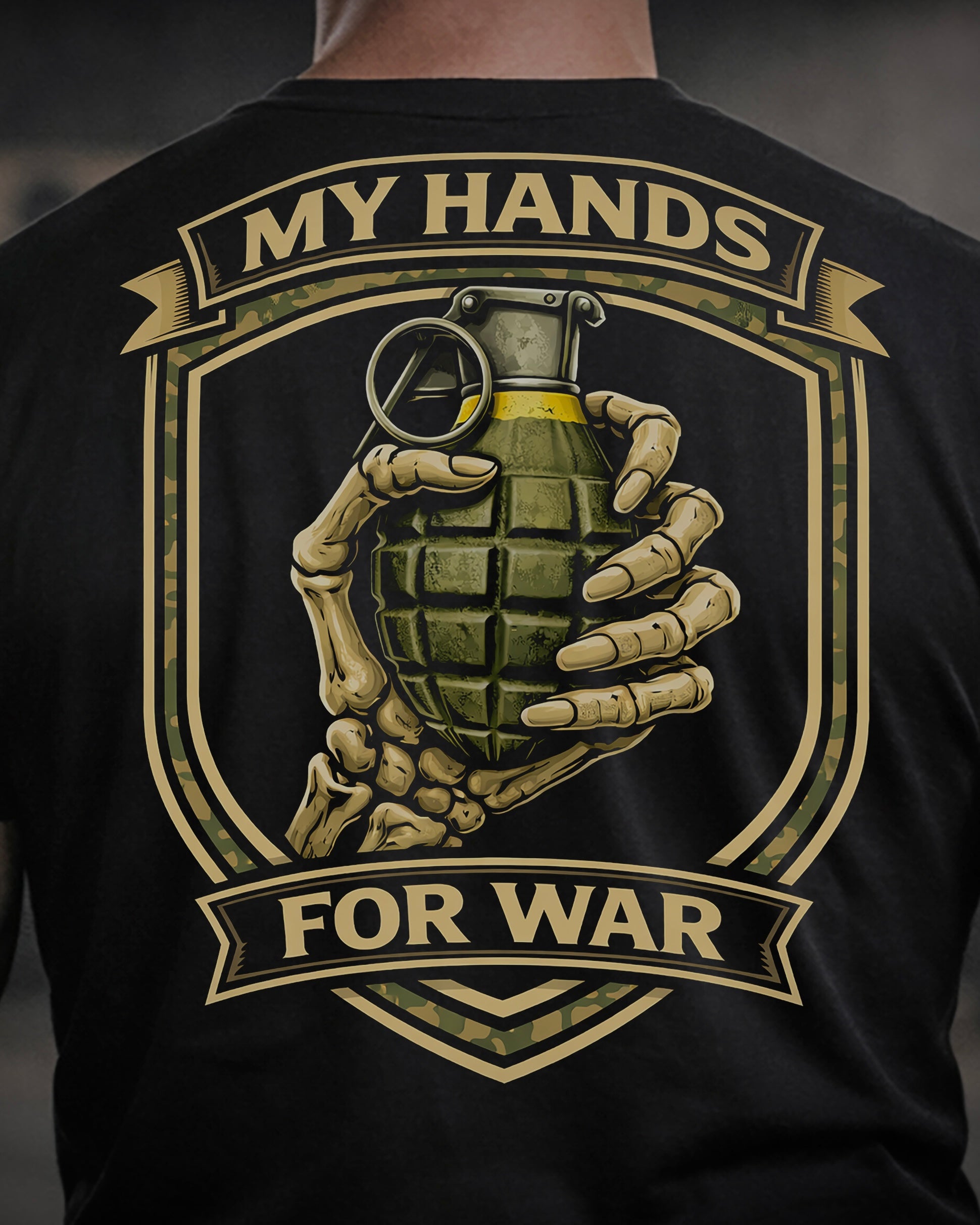 Close up of back view of man wearing black Achilles T-shirt printed with My Hands For War logo on back