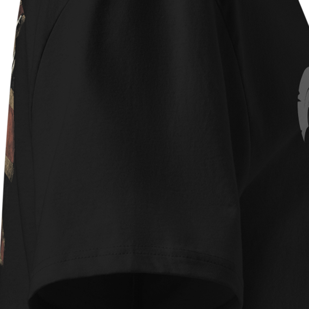 Black T-shirt sleeve with colourful side panels and a white logo on a plain background