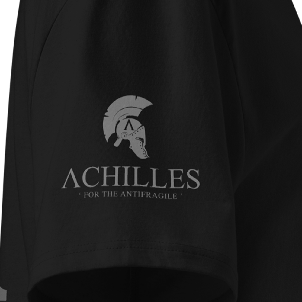 Black T-shirt sleeve with 'Achilles' logo and text on a dark background
