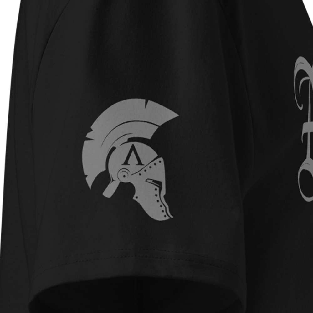 Black T-shirt sleeve with a grey spartan helmet logo on the sleeve
