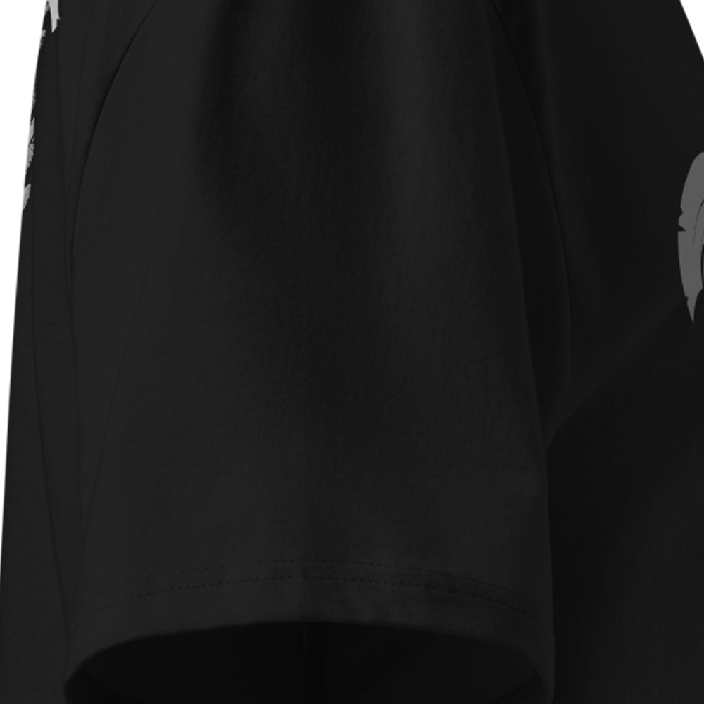 Black t-shirt sleeve with white graphic design on a white background