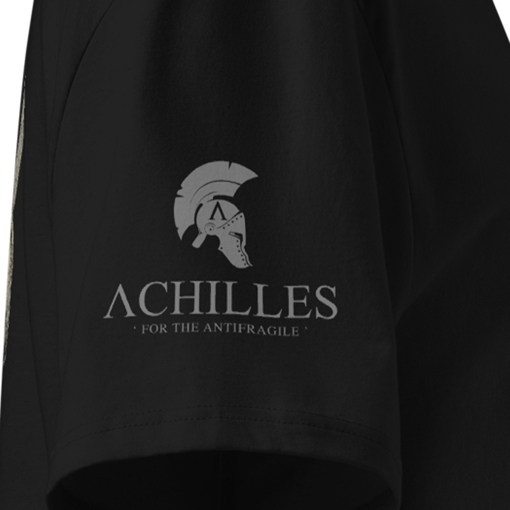 Black T-shirt sleeve with 'Achilles' logo and text on a dark background