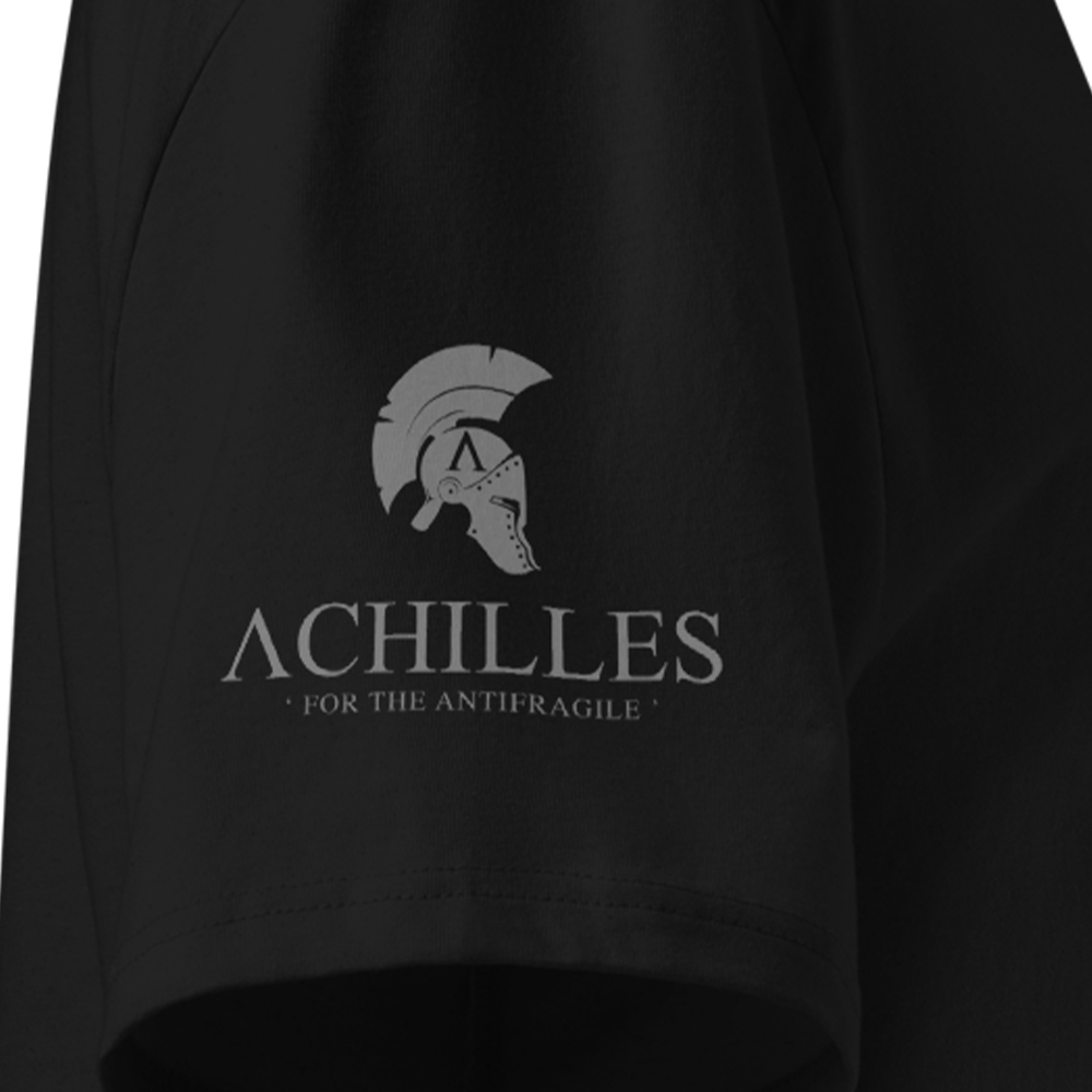 Black T-shirt sleeve with 'Achilles' logo and text on a dark background