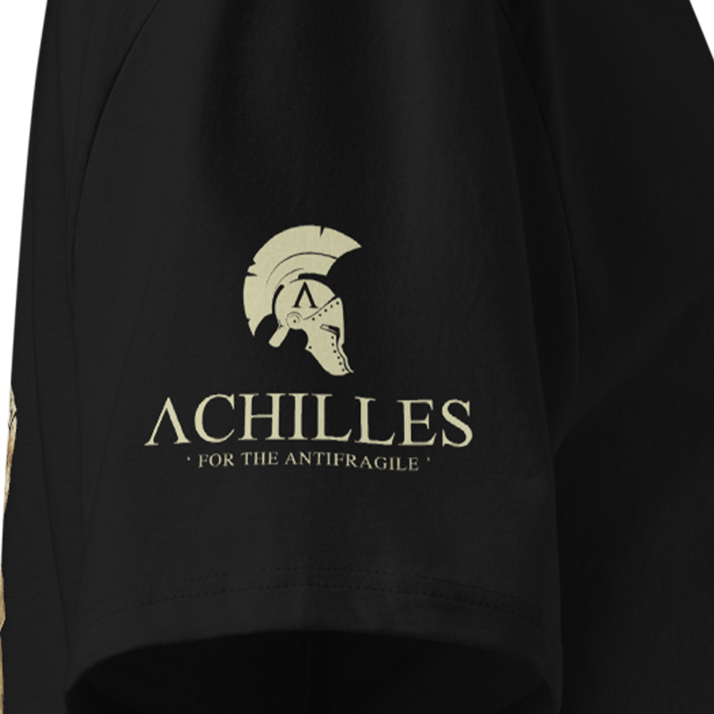 Black T-shirt sleeve with 'Achilles' logo and text on a dark background