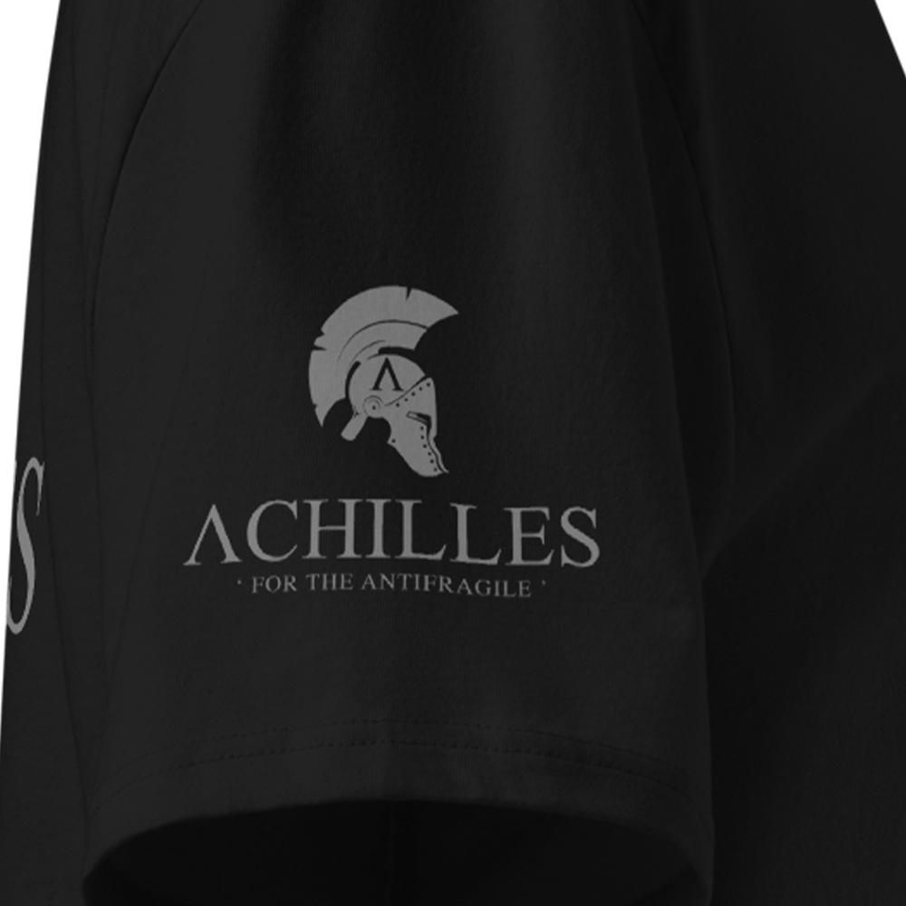 Black shirt with 'Achilles' logo and text on a dark background