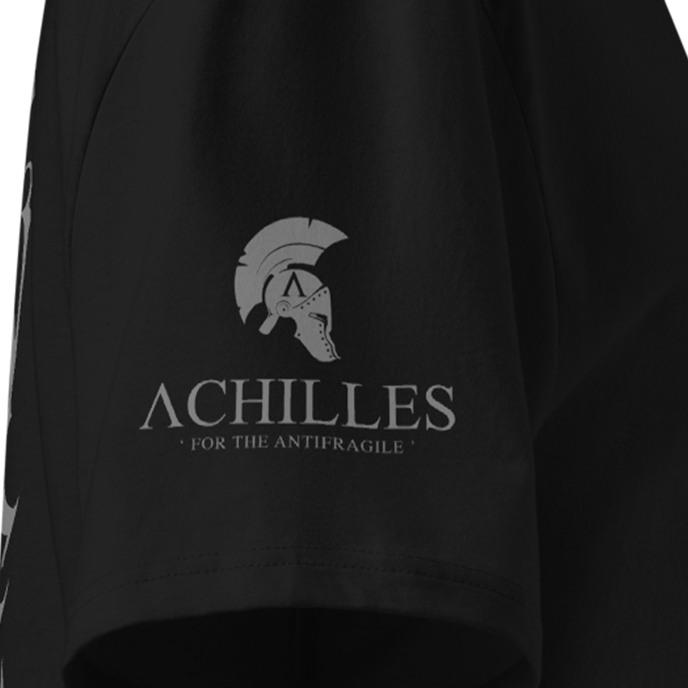 Black T-shirt sleeve with Achilles logo and text on a dark background