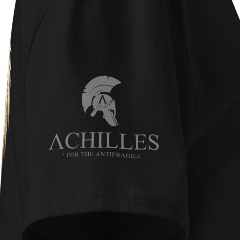 Black T-shirt with 'Achilles' logo and text on a dark background