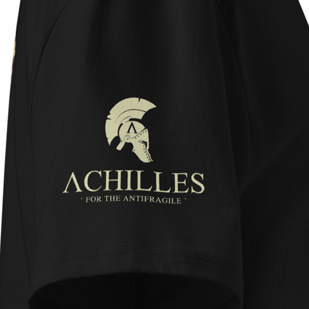 Black T-shirt sleeve with gold 'Achilles' logo and text on a dark background