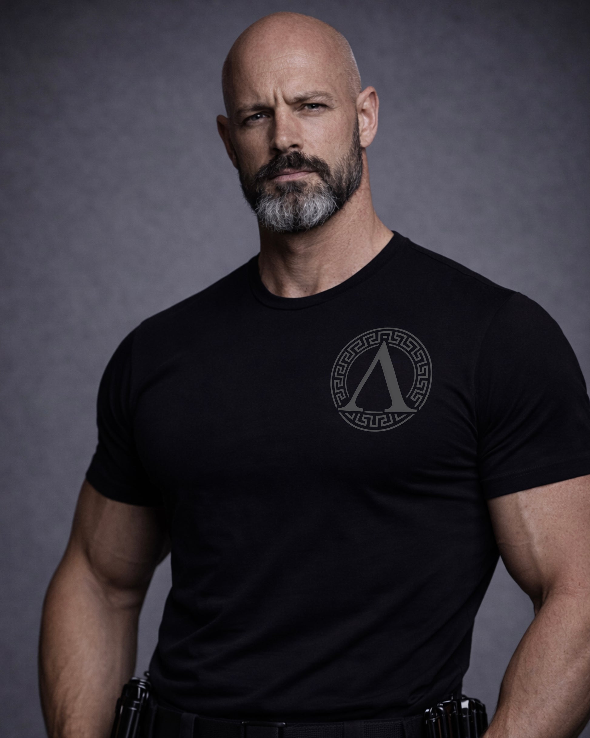 Front view of man wearing black Achilles T-shirt printed with Roundel logo on front chest