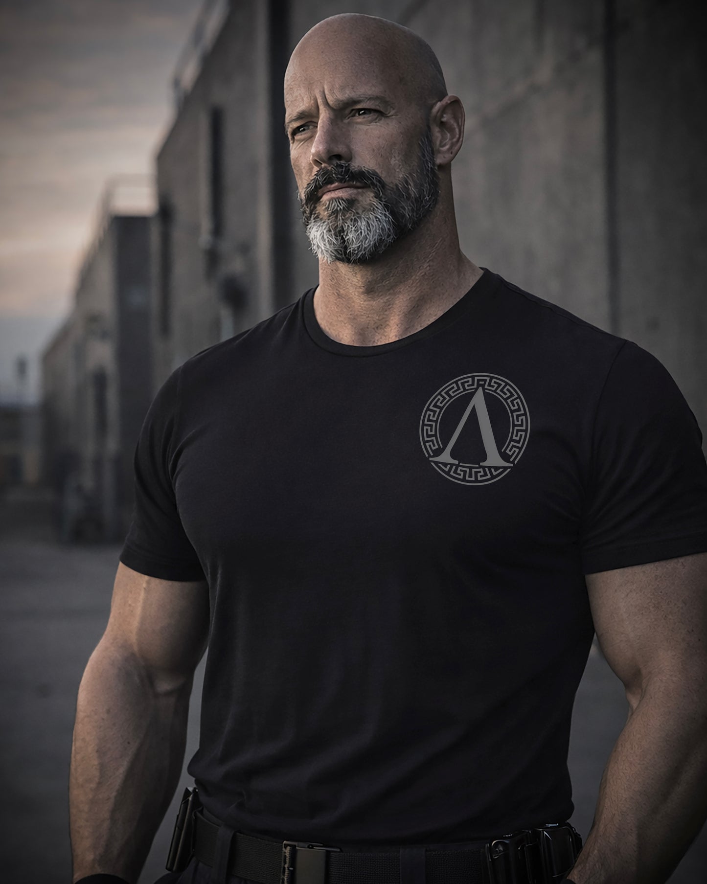 Front view of man wearing black Achilles T-shirt printed with Roundel logo on front chest