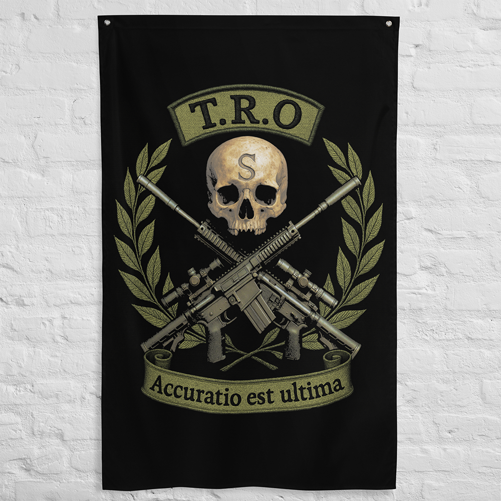 Wall view of all over print vertical banner flag from Achilles Tactical Clothing Brand with TRO Accuratio est Ultima design