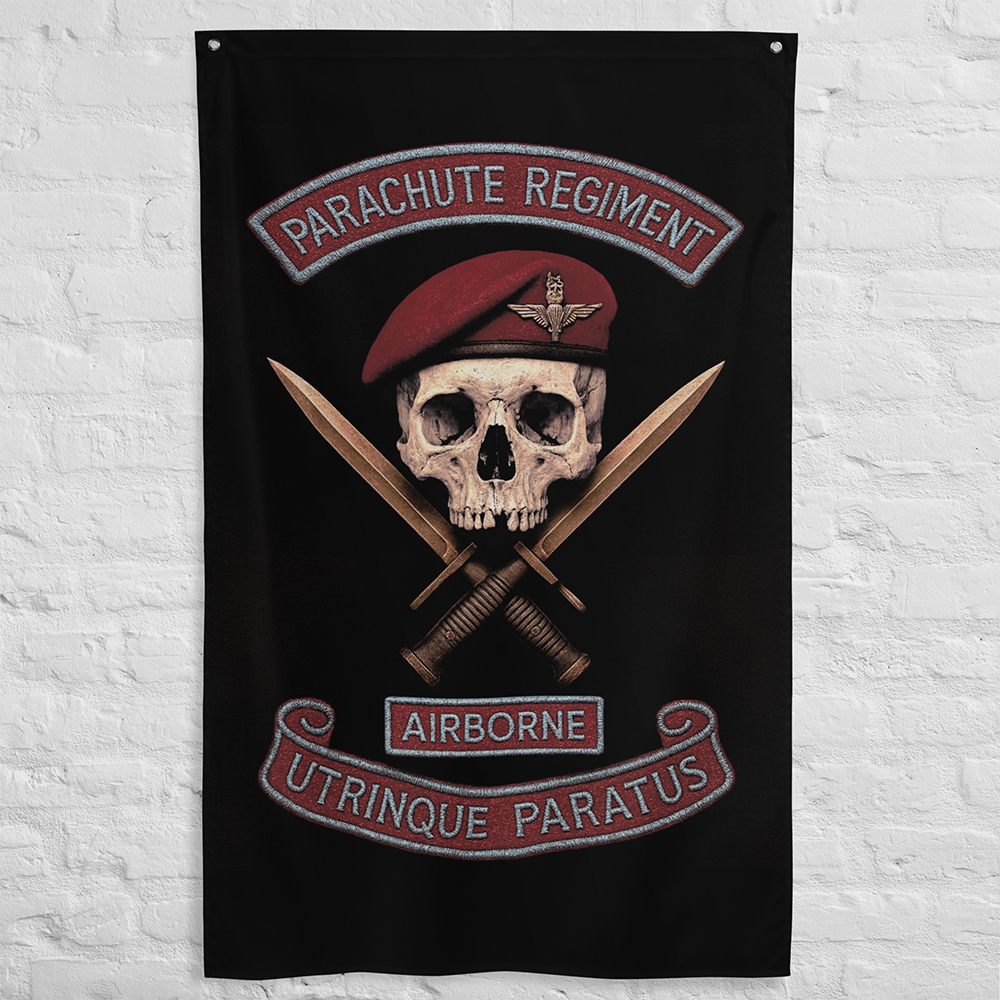 Front view of all over print vertical banner flag from Achilles Tactical Clothing Brand with Parachute Regiment Airborne design hanging on wall