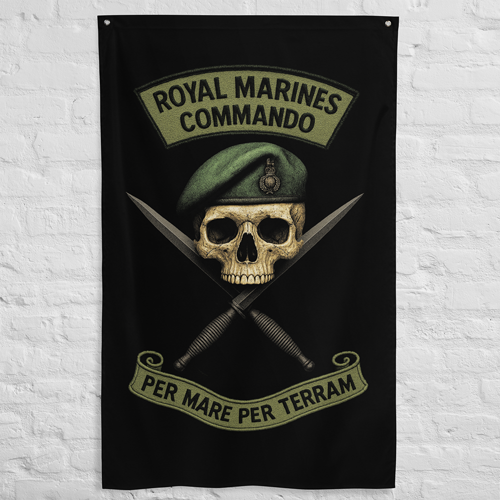 Wall view of all over print vertical banner flag from Achilles Tactical Clothing Brand with Royal Marines Commando design
