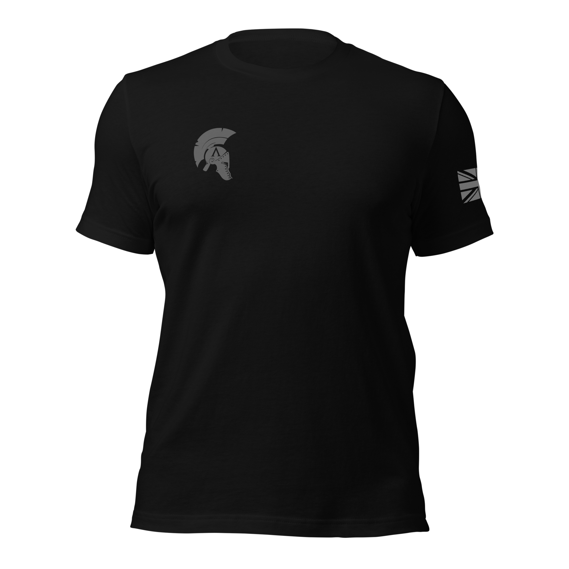 Front view of Black short sleeve unisex fit original cotton T-Shirt by Achilles Tactical Clothing Brand printed with A Brand design across back